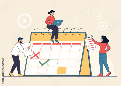 Business Task Management Concept. Vector cartoon illustration of a group of diverse people creating a task plan in a spreadsheet and a calendar. Isolated on background.