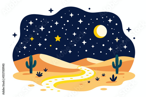 Night Desert Landscape Illustration with Cacti, Stars, and Moon in a Cartoon Style