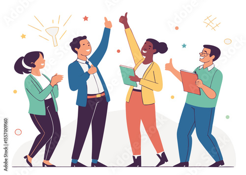 Business team of winners. Vector cartoon illustration in a flat style of a group of happy middle-aged people in business clothes in full length. Isolated on white