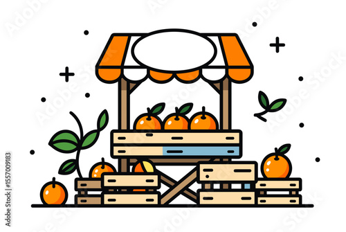 Vibrant Orange Fruit Stand Illustration with Fresh Oranges and Green Leaves, Market Stall Design