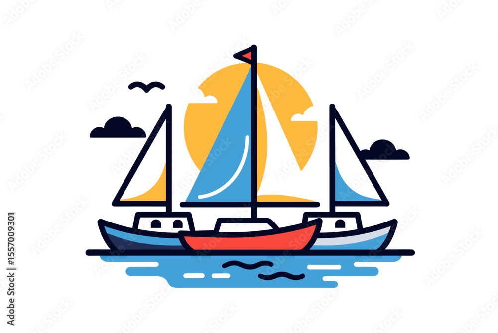 Fototapeta premium Minimalist Vector Illustration of Three Sailboats Sailing on the Water with Sun and Clouds in the Background