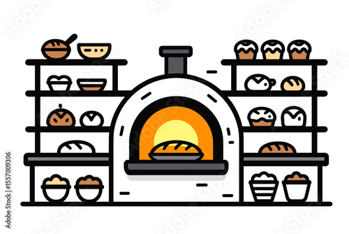 Bakery Display Shelf with Bread and Pastries Illustration, Fresh Baked Goods in Oven