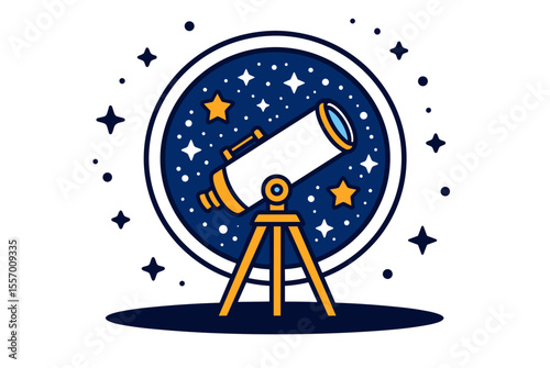 Illustration of a Telescope Observing Stars in a Night Sky, Vector Design