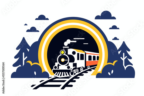 Vintage Steam Train Emerging from a Tunnel in a Forest Landscape Illustration
