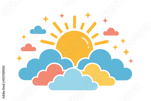 Stylized Sun Shining Brightly Above Colorful Clouds with Star Accents Vector Illustration