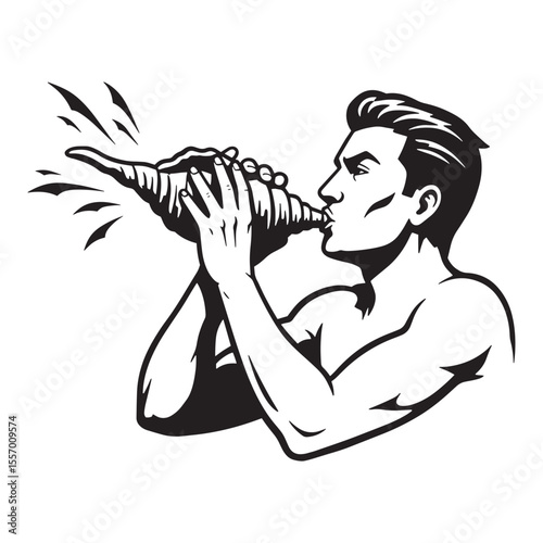An elegant vector illustration of a man blowing a conch shell instrument in black and white