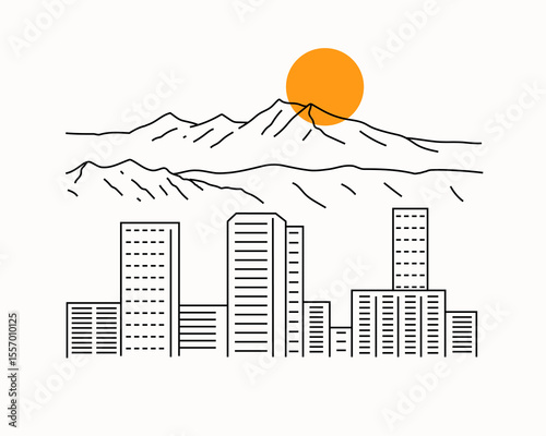 Simply Denver downtown and rocky mountain in mono line art illustration