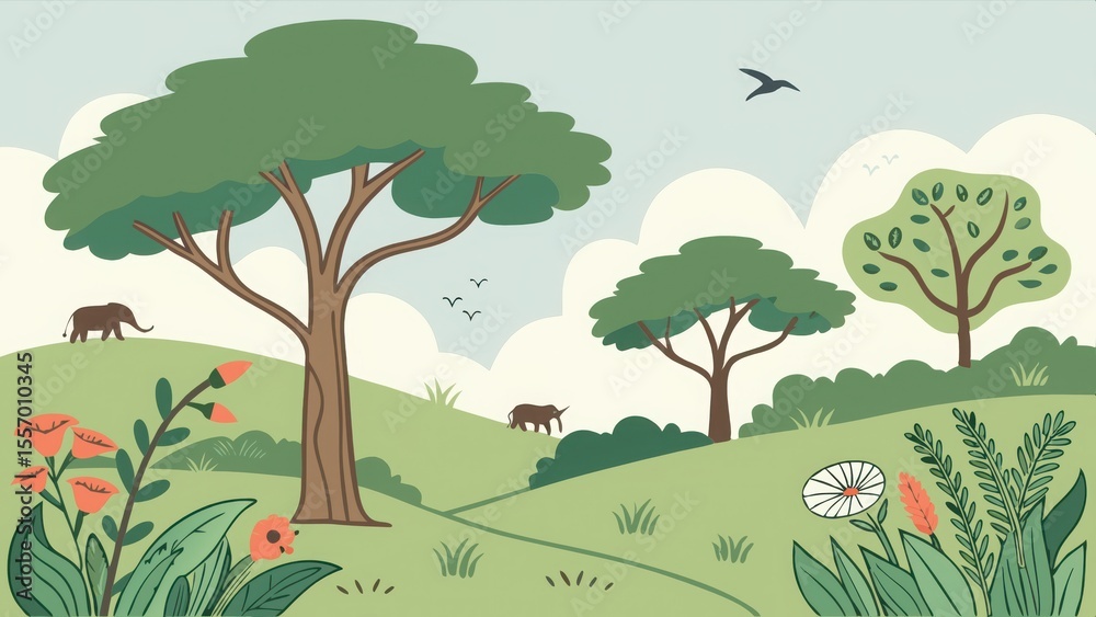 Obraz premium Serene African savanna landscape illustration; stylized trees, gentle hills, elephant, and ox; peaceful, whimsical mood; vibrant greens, oranges; perfect for children's books, eco-friendly brands