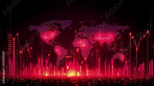 Global economy represented by a world map with glowing bar charts and graphs in red hues