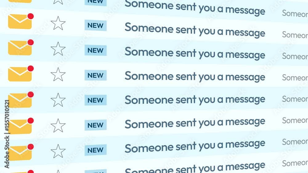 Message notification and email list scrolling close up 4k animation. New message, social media, unread message.