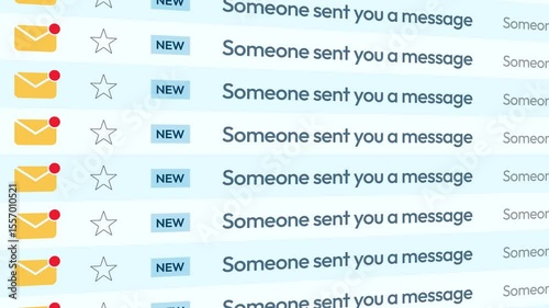 Message notification and email list scrolling close up 4k animation. New message, social media, unread message.