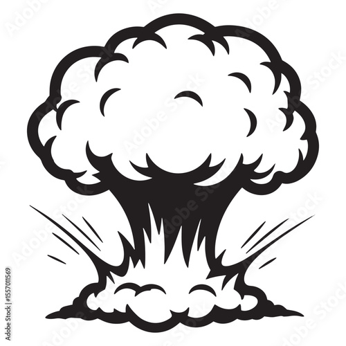 Bold black and white cartoon illustration of an explosive mushroom cloud with impact lines