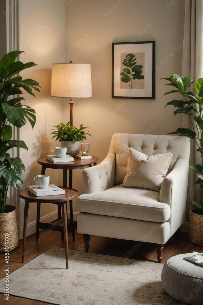 Fototapeta premium Cozy modern reading nook with armchair, indoor plants, and warm lighting.