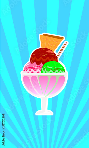 vector illustration a glass of full ice cream. design of a cute pink ice creams with topping sprinkles of wafer stick and cookies