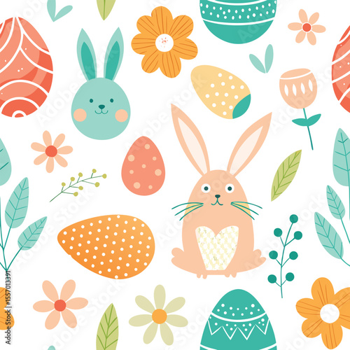 Cute seamless Easter pattern with cartoon rabbits, eggs, and flowers, perfect for a joyful spring holiday background