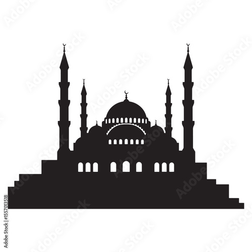 Silhouette illustration of a beautiful mosque with elegant minarets and architectural details