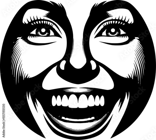 Joyful open smile vector face with bright expression, clean line art, isolated on white