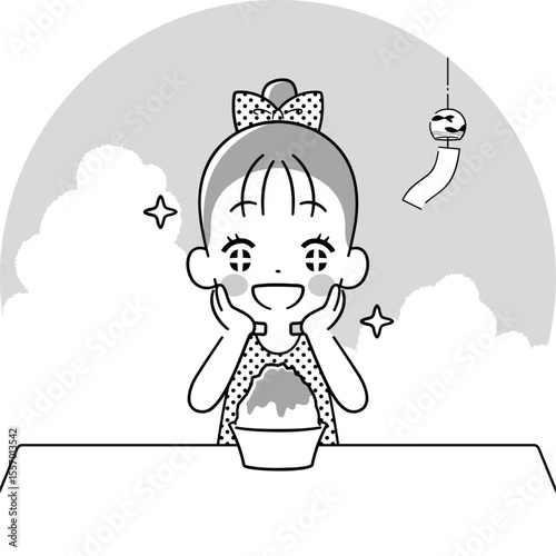 かき氷をキラキラした目で見つめる女の子　モノクロ
