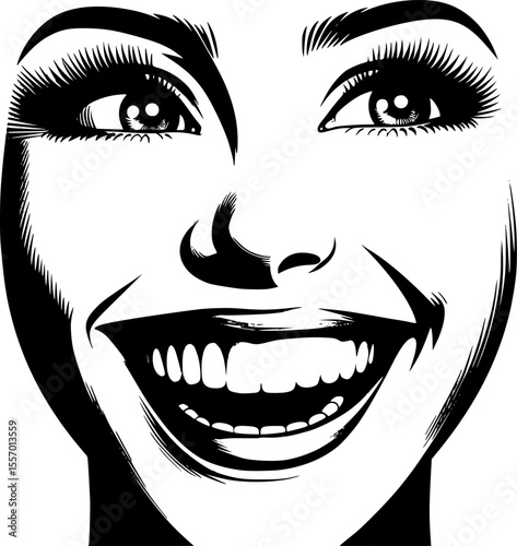 Joyful open smile vector face with bright expression, clean line art, isolated on white