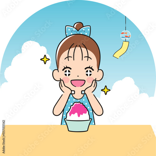 かき氷をキラキラした目で見つめる女の子
