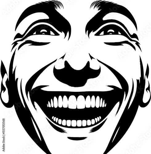 Joyful open smile vector face with bright expression, clean line art, isolated on white