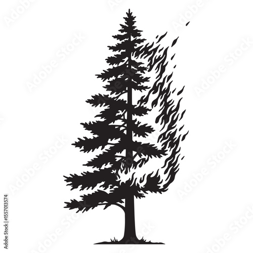 Silhouette illustration of a burning evergreen tree representing forest fire and destruction