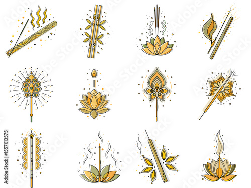 Incense Stick Icons Collection for Meditation Apps and Spiritual Websites - Aromatic Ritual Elements for Yoga Blogs and Wellness Products Design
