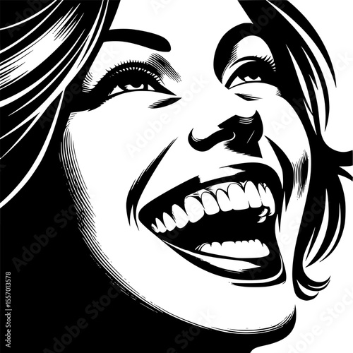 Joyful open smile vector face with bright expression, clean line art, isolated on white