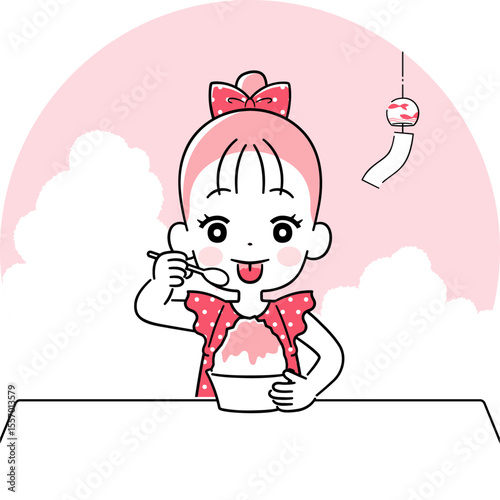 かき氷を食べて舌に色がついた女の子　ワントーン