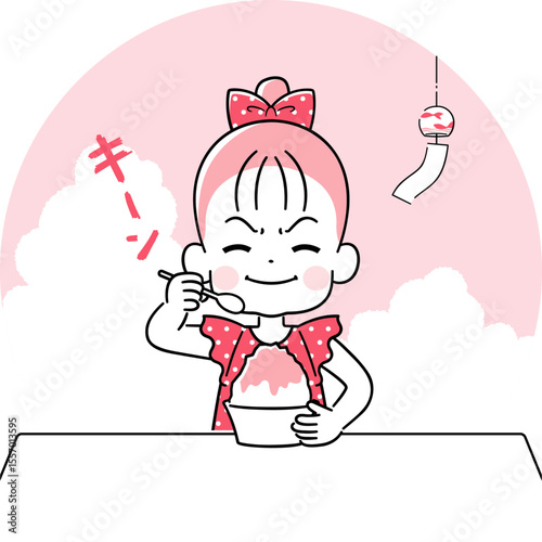 かき氷を食べて頭がキーンとした女の子　ワントーン
