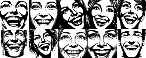 series of ten joyful open smile vector face with bright expression, clean line art, isolated on white