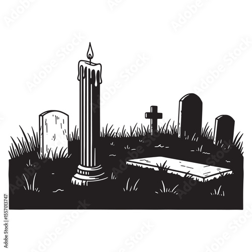 Silhouette illustration of a spooky cemetery scene with lit candle and gravestones