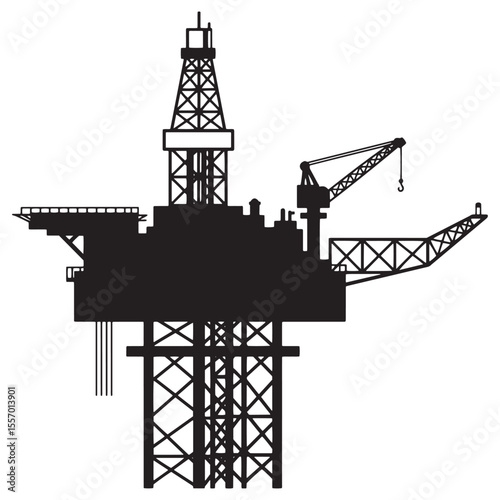 Silhouette illustration of offshore oil rig platform drilling for energy production on white background