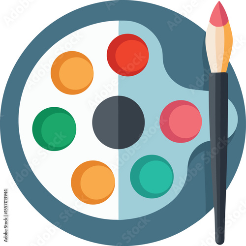 Colorful paint palette and brush art supplies isolated on white background