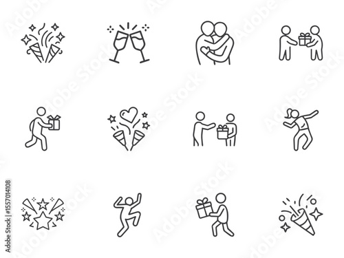 Celebration and Party Line Art Icon Set for Event Websites, Invitations, Greeting Cards and Holiday-Themed Content