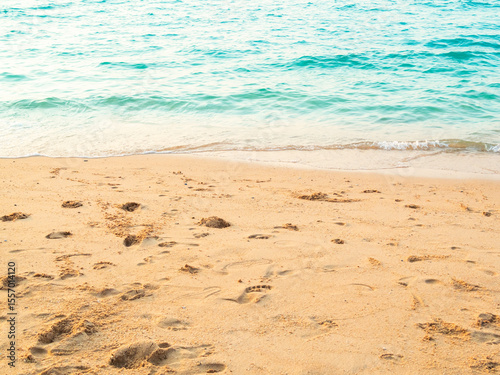 Summer background sea blue with sand beach at coast island scene mockup water nature travel vacation holidays tropical, mockup ocean ecosystem energy change environment, backdrop product cosmetic.