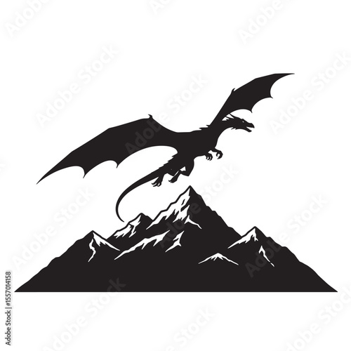 Silhouette of a majestic dragon soaring above snowy mountain peaks in the sky