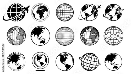 Collection of globe icons with airplane and global reach text isolated on transparent background