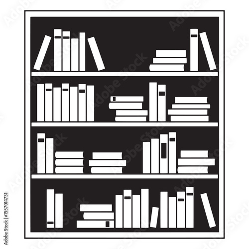 Simple black and white illustration of a bookshelf filled with books and stories