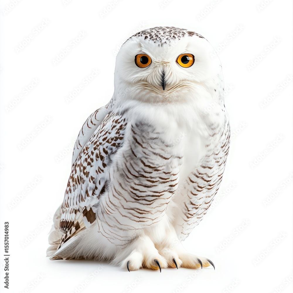 Fototapeta premium Majestic snowy owl perched gracefully against a pure white background showcasing its striking features and beautiful plumage