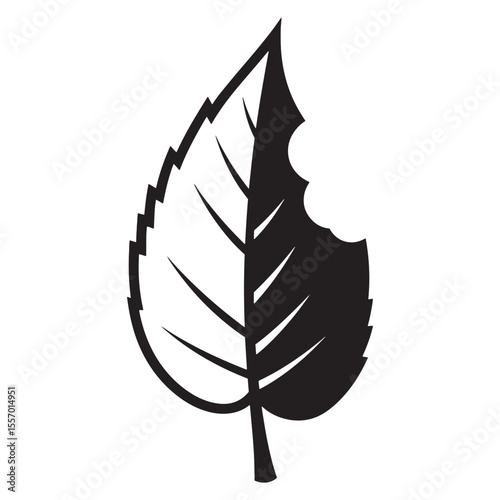 Simple black and white illustration of a leaf with a bite taken out symbolizing damage