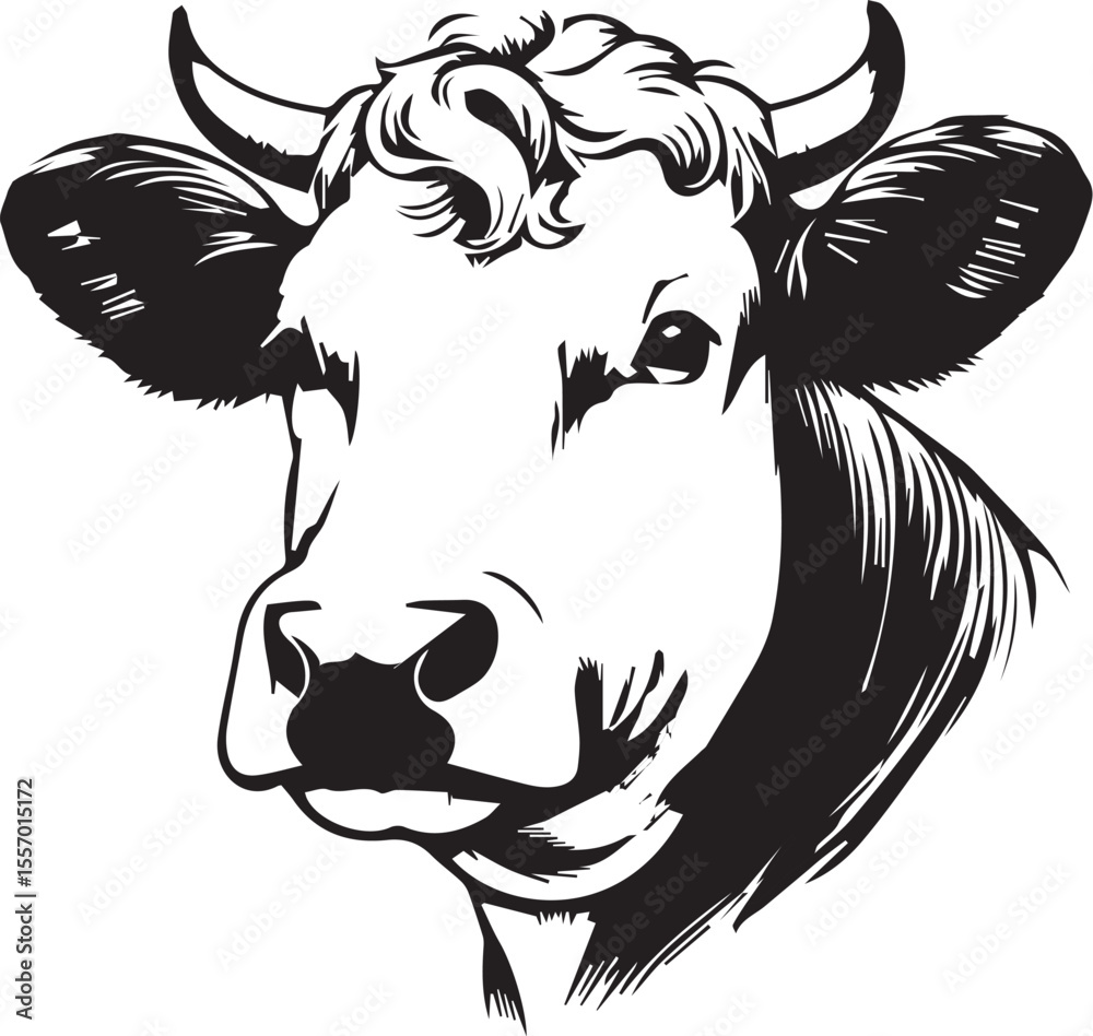 Obraz premium Detailed Cow Head Black and White Illustration