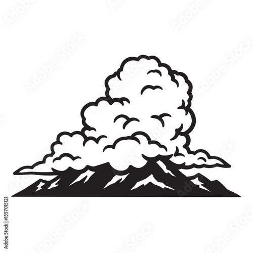 Simple black and white illustration of a mountain range with puffy clouds above the peaks