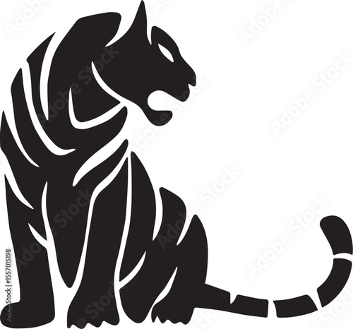 Sitting Tiger Silhouette Black and White Illustration