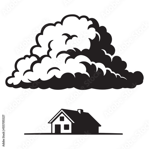 Simple black and white illustration of house and storm cloud with birds in the sky