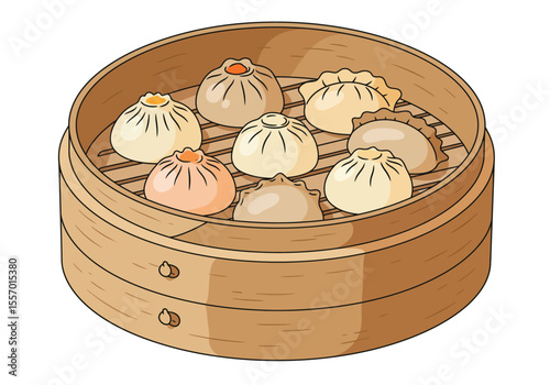A bamboo steamer filled with various types of dumplings