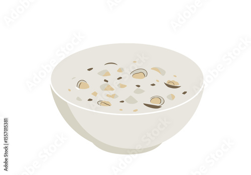 A bowl of chowder is filled with lightcolored broth and bits of seafood