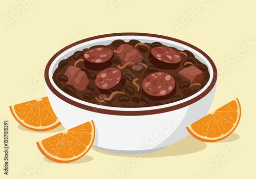 A bowl of feijoada with sliced oranges on a beige background showing beans meat  sausage