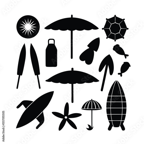 Sixteen Colorful Beach Umbrellas Vector Illustration