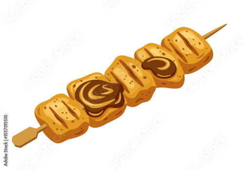A food skewer with four pieces of yellow bread and two dollops of chocolate icing